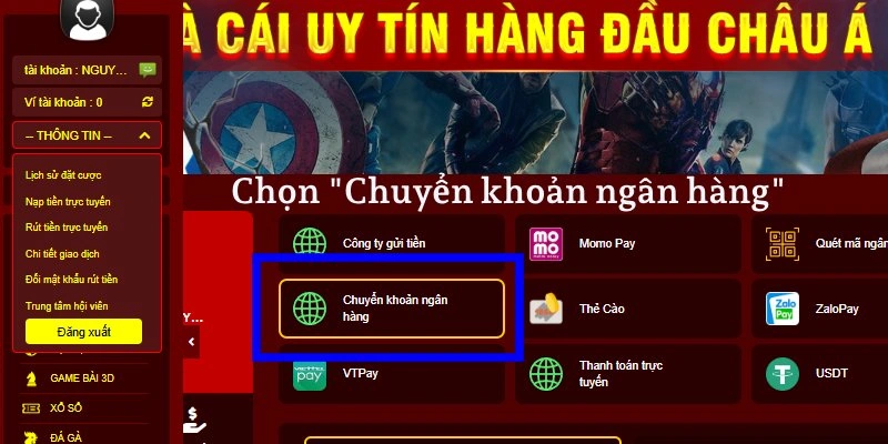 Bấm chọn hình thức chuyển khoản ngân hàng trên danh sách phương thức